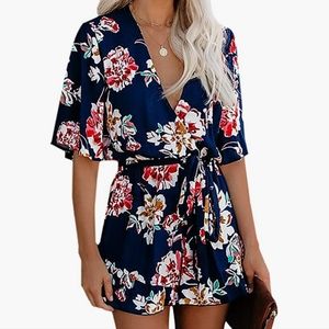 Floral ruffle v neck romper